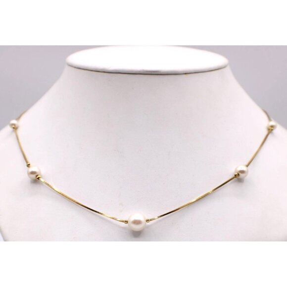 Dainty Gold-Tone Faux Pearl Station Necklace Vintage Delicate 24" Snake Chain - Picture 1 of 10